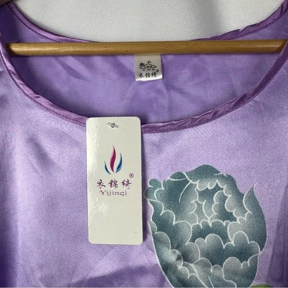 Boutique Purple Floral Satin Chinese Short Sleeve Mini Dress S - Picture 4 of 4